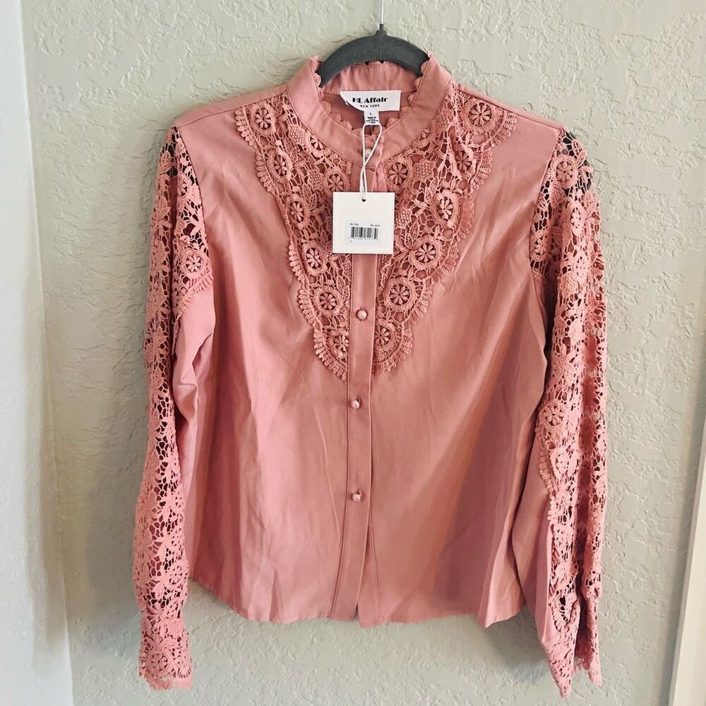 HL AFFAIR Lace Panel Long Sleeve Blouse Top, Romantic Pink/Blush Size Large, NWT